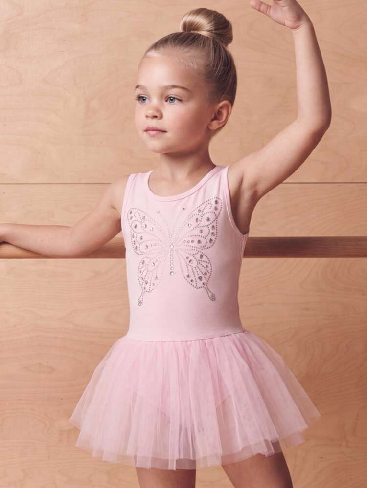 Young Girl Baby Pink Bow Rhinestone Pattern Sleeveless Ballet Leotard, Skirt With Mesh Patchwork, Versatile, Fitted Design, Suitable For Gymnastics - Pink - View 5