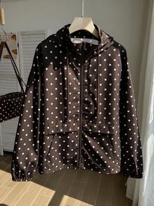 Comfortcana Jaket Kasual Wanita Ukuran Besar Warna Cokelat dengan Motif Polkadot, Resleting dan Tali Serut, Model Musim Gugur - Coklat - View 6
