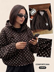 Comfortcana Jaket Kasual Wanita Ukuran Besar Warna Cokelat dengan Motif Polkadot, Resleting dan Tali Serut, Model Musim Gugur - Coklat - View 4
