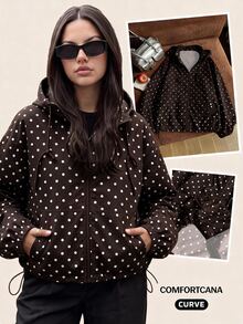 Comfortcana Jaket Kasual Wanita Ukuran Besar Warna Cokelat dengan Motif Polkadot, Resleting dan Tali Serut, Model Musim Gugur - Coklat - View 7