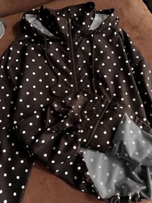 Comfortcana Jaket Kasual Wanita Ukuran Besar Warna Cokelat dengan Motif Polkadot, Resleting dan Tali Serut, Model Musim Gugur - Coklat - View 3