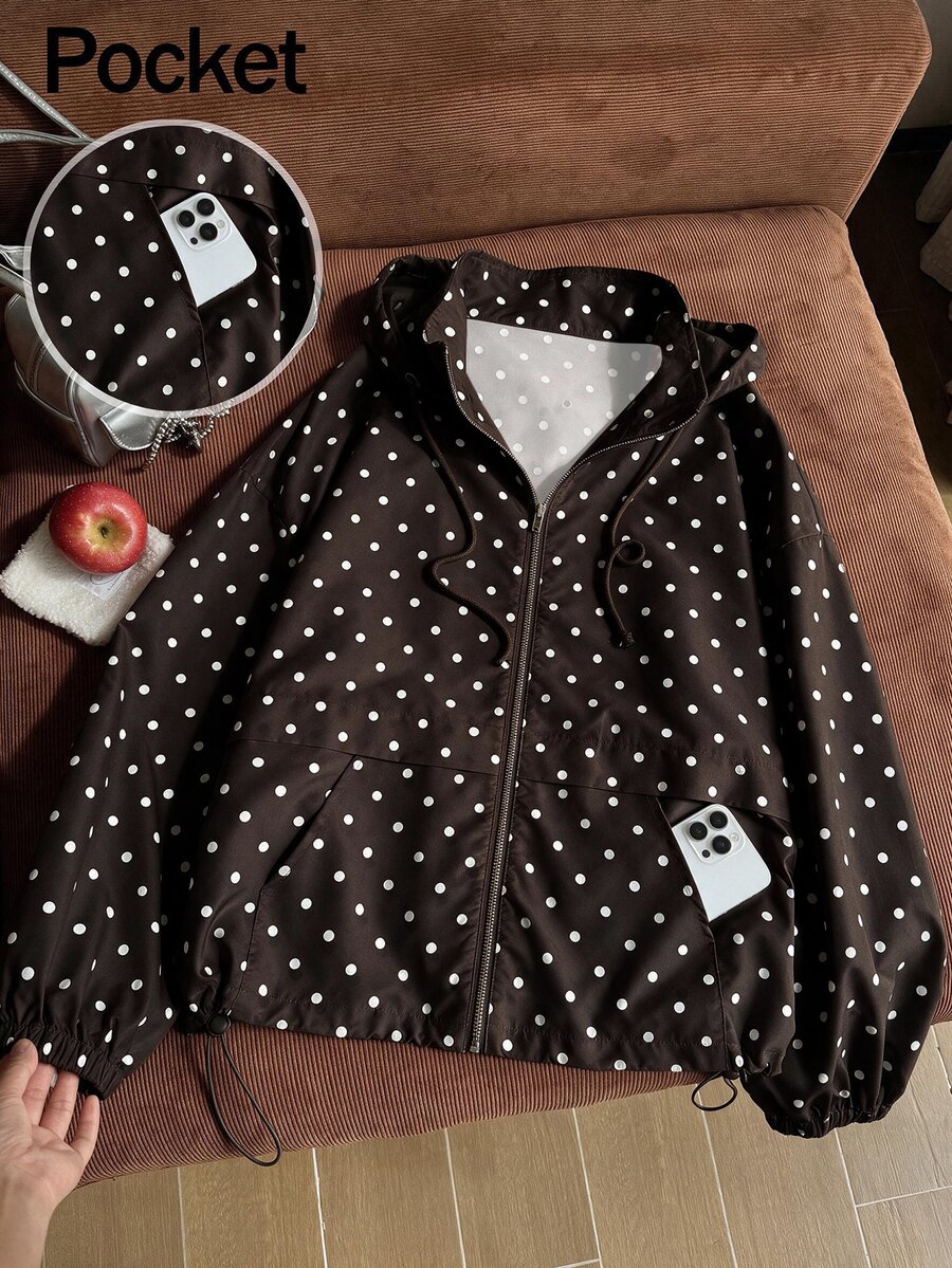 Comfortcana Jaket Kasual Wanita Ukuran Besar Warna Cokelat dengan Motif Polkadot, Resleting dan Tali Serut, Model Musim Gugur - Coklat - View 1