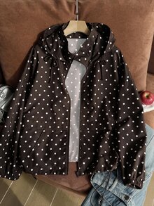 Comfortcana Jaket Kasual Wanita Ukuran Besar Warna Cokelat dengan Motif Polkadot, Resleting dan Tali Serut, Model Musim Gugur - Coklat - View 5