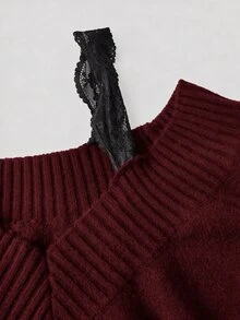 SHEIN MOD 女款黑色蕾絲 2 合 1 灰色毛衣 秋冬款 - 酒紅色 - 查看 4