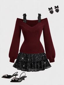 SHEIN MOD 女款黑色蕾絲 2 合 1 灰色毛衣 秋冬款 - 酒紅色 - 查看 2