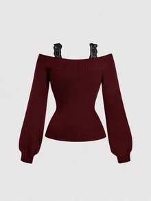 SHEIN MOD 女款黑色蕾絲 2 合 1 灰色毛衣 秋冬款 - 酒紅色 - 查看 5
