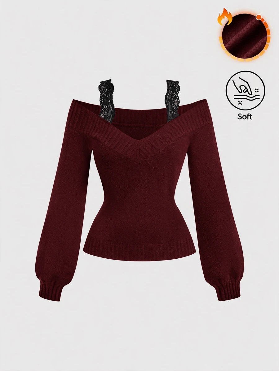 SHEIN MOD 女款黑色蕾絲 2 合 1 灰色毛衣 秋冬款 - 酒紅色 - 查看 1