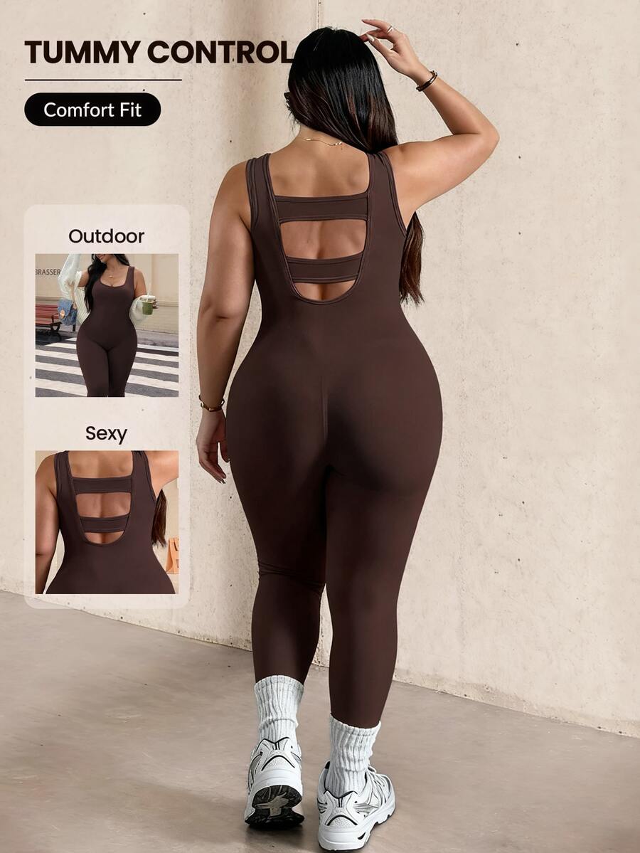 Rhythm Era Plus Size Backless Jumpsuit, Deep Coffee Color, Fashionable, Comfortable Stretchy Seamless Knit Yoga Fitness Activewear