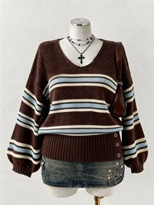 Sunspun Autumn/Winter Minimalist Solid Color V-Neck Side Button Waist-Cinching Slimming Short Knit Pullover Sweater - Multicolor - View 4