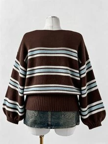 Sunspun Autumn/Winter Minimalist Solid Color V-Neck Side Button Waist-Cinching Slimming Short Knit Pullover Sweater - Multicolor - View 2