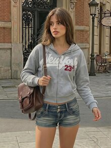 SHEIN MOD Sweatshirt Slim Fit Bermotif Bunga Abu-abu Muda Gaya American Vintage dengan Resleting - Light Grey - View 5