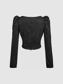 SHEIN MOD Women's Sweetheart Neckline Gigot Sleeve Striped Ruched Fitted Blazer Top And Long Skirt Set - Black - View 11