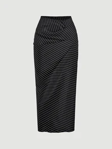 SHEIN MOD Women's Sweetheart Neckline Gigot Sleeve Striped Ruched Fitted Blazer Top And Long Skirt Set - Black - View 10