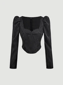 SHEIN MOD Women's Sweetheart Neckline Gigot Sleeve Striped Ruched Fitted Blazer Top And Long Skirt Set - Black - View 12