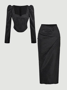 SHEIN MOD Women's Sweetheart Neckline Gigot Sleeve Striped Ruched Fitted Blazer Top And Long Skirt Set - Black - View 2