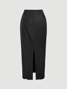 SHEIN MOD Women's Sweetheart Neckline Gigot Sleeve Striped Ruched Fitted Blazer Top And Long Skirt Set - Black - View 9