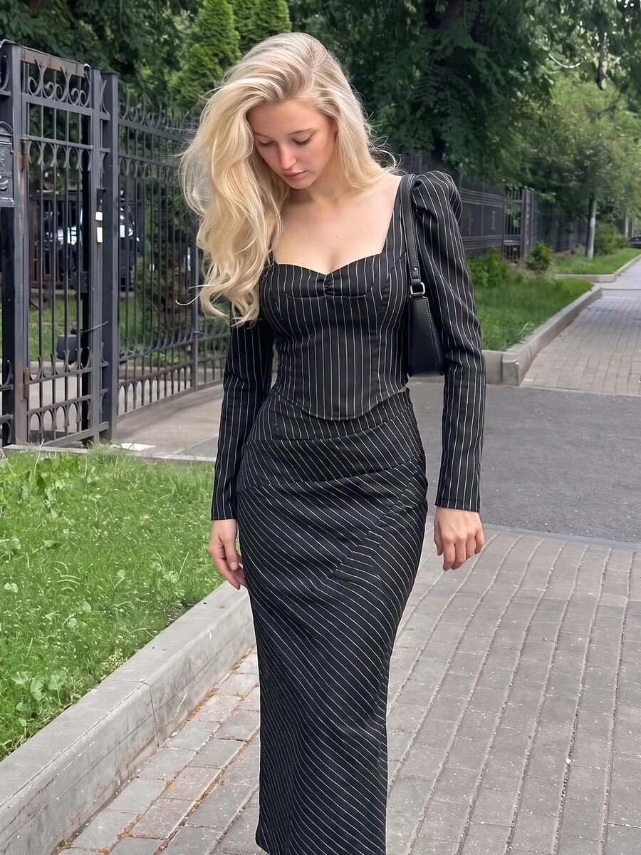 SHEIN MOD Women's Sweetheart Neckline Gigot Sleeve Striped Ruched Fitted Blazer Top And Long Skirt Set - Black - View 1