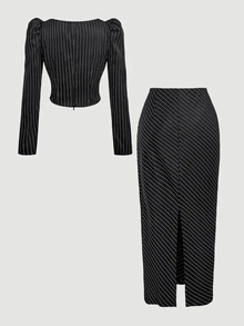 SHEIN MOD Women's Sweetheart Neckline Gigot Sleeve Striped Ruched Fitted Blazer Top And Long Skirt Set - Black - View 4