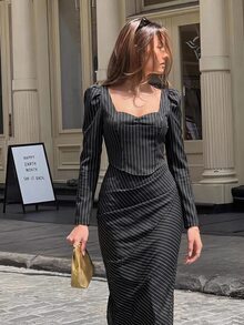 SHEIN MOD Women's Sweetheart Neckline Gigot Sleeve Striped Ruched Fitted Blazer Top And Long Skirt Set - Black - View 5