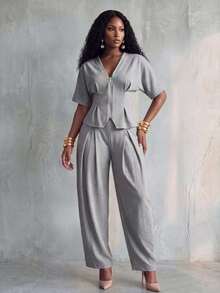 BamGlimmer Women's Solid Color Zipper Front Short Sleeve Top And Pleated Long Pants Casual 2-Piece Set - Grey - View 2