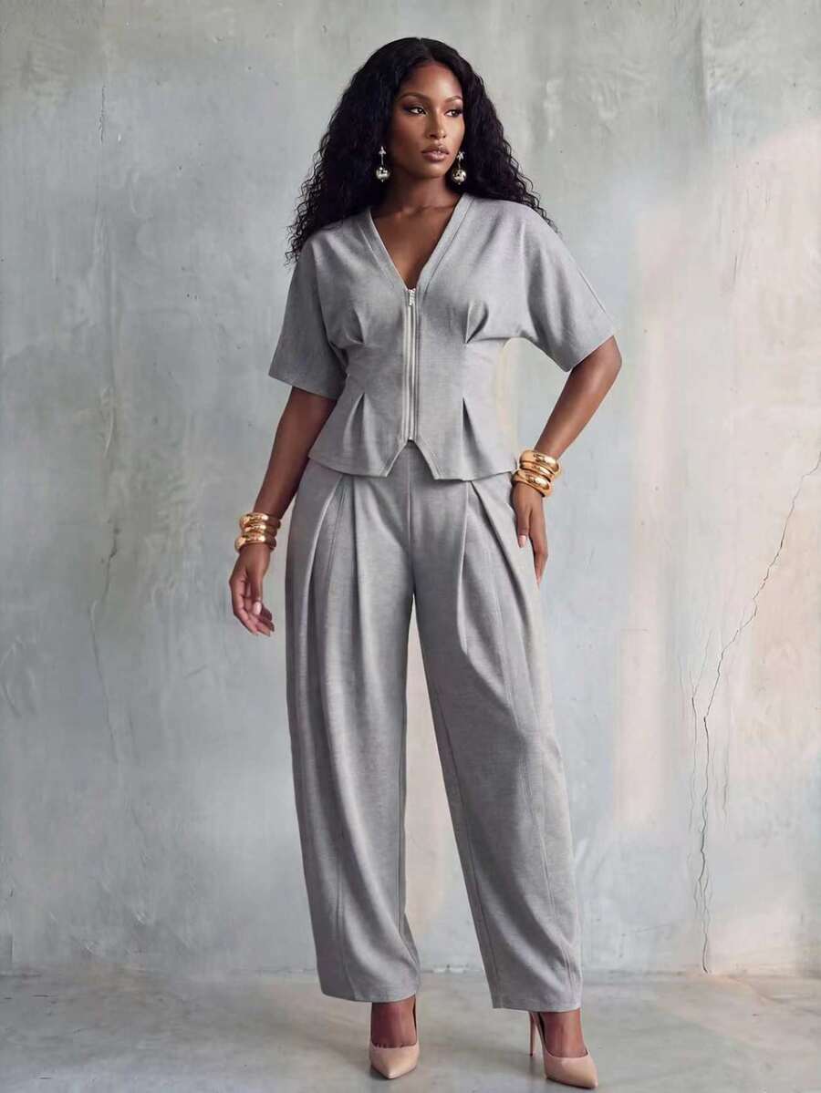 BamGlimmer Women's Solid Color Zipper Front Short Sleeve Top And Pleated Long Pants Casual 2-Piece Set