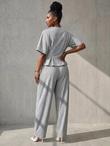 BamGlimmer Women's Solid Color Zipper Front Short Sleeve Top And Pleated Long Pants Casual 2-Piece Set - Grey - View 3