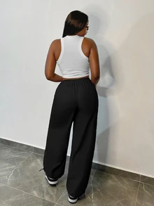 Slaydiva Hippy Punk Street Style Women Straight Loose Cargo Pants With Drawstring Waist & Pockets, Casual Joggers - Black - View 3