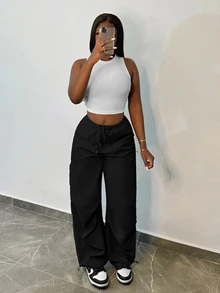 Slaydiva Hippy Punk Street Style Women Straight Loose Cargo Pants With Drawstring Waist & Pockets, Casual Joggers - Black - View 4