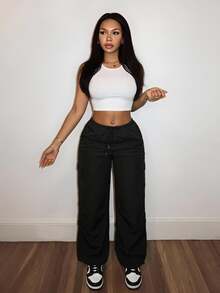 Slaydiva Hippy Punk Street Style Women Straight Loose Cargo Pants With Drawstring Waist & Pockets, Casual Joggers - Black - View 2