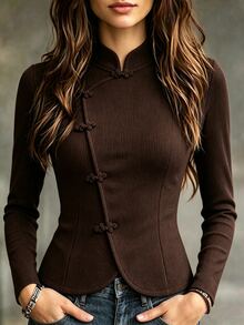 SHEIN Elegant Vacation Stand Collar Chinese Style Frog Button Asymmetrical Hem Commute Travel Women's Brown T-Shirt - Brown - View 4