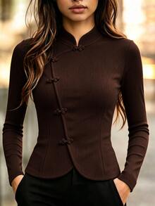 SHEIN Elegant Vacation Stand Collar Chinese Style Frog Button Asymmetrical Hem Commute Travel Women's Brown T-Shirt - Brown - View 3