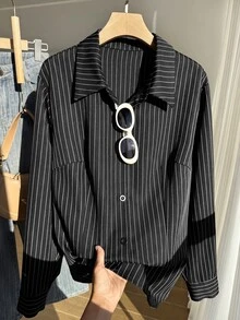 SHEIN EZwear Plus Size Women's Striped Casual Versatile Daily Wear Shirt Fall - Black and White - View 4