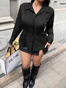 SHEIN EZwear Plus Size Women's Striped Casual Versatile Daily Wear Shirt Fall - Black and White - View 2