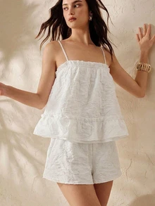 BELROSIE Frill Trim Cami Top & Shorts Christmas Holiday Party Clothes  - White - View 2