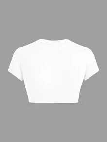 SHEIN ICON Summer Casual Fitted Women T-Shirt, Simple Solid Color Round Neck Crop Sleeve Cropped Top Suitable For Going Out - White - View 2