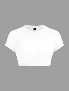 SHEIN ICON Summer Casual Fitted Women T-Shirt, Simple Solid Color Round Neck Crop Sleeve Cropped Top Suitable For Going Out - White - View 3