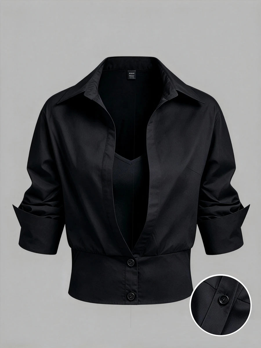 GlowEve CURVE Plus Size Designer Luxury Knit Patchwork Slim Fit Blouse Shirt, Summer Casual Outing And Commute Workwear Top Fall - Black - View 1
