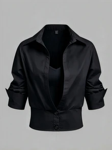 GlowEve CURVE Plus Size Designer Luxury Knit Patchwork Slim Fit Blouse Shirt, Summer Casual Outing And Commute Workwear Top Fall - Black - View 3