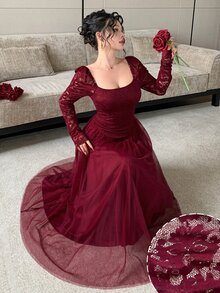 Modelyn 法式方領蕾絲拼接長袖修身顯瘦網紗優雅浪漫女款晚宴晚餐雞尾酒禮服婚禮洋裝 - 酒紅色 - 查看 8