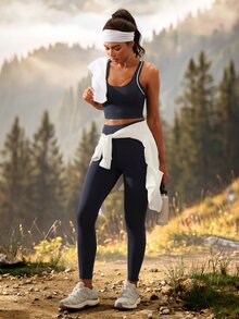 Exploreva Linear-Feel Slim Fit Yoga Outdoor Camisole And Leggings Set, High-Intensity Workout Outfit, High Elasticity - Navy Blue - View 8