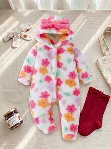 SHEIN Explorewe 女嬰 1件裝連帽連腳包屁衣，滿版多色花卉毛絨連身衣，連帽附3D大蝴蝶結，長袖按扣開襟日常套裝 - 白色 - 查看 4