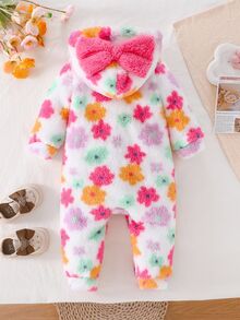 SHEIN Explorewe 女嬰 1件裝連帽連腳包屁衣，滿版多色花卉毛絨連身衣，連帽附3D大蝴蝶結，長袖按扣開襟日常套裝 - 白色 - 查看 2