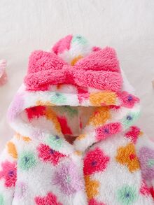 SHEIN Explorewe 女嬰 1件裝連帽連腳包屁衣，滿版多色花卉毛絨連身衣，連帽附3D大蝴蝶結，長袖按扣開襟日常套裝 - 白色 - 查看 7