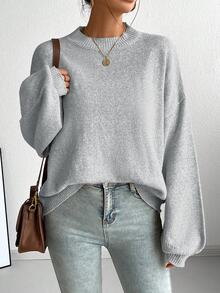 SoleilVie Casual French Style Loose Fit Crew Neck Long Sleeve Knit Sweater, Versatile For Autumn/Winter Fall Cloth For Women - Grey - View 8