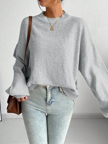 SoleilVie Casual French Style Loose Fit Crew Neck Long Sleeve Knit Sweater, Versatile For Autumn/Winter Fall Cloth For Women - Grey - View 5