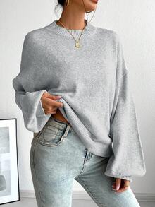 SoleilVie Casual French Style Loose Fit Crew Neck Long Sleeve Knit Sweater, Versatile For Autumn/Winter Fall Cloth For Women - Grey - View 3