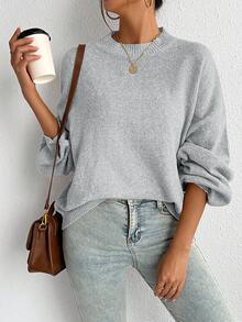 SoleilVie Casual French Style Loose Fit Crew Neck Long Sleeve Knit Sweater, Versatile For Autumn/Winter Fall Cloth For Women - Grey - View 4