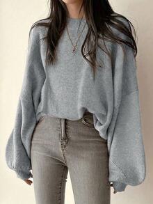 SoleilVie Casual French Style Loose Fit Crew Neck Long Sleeve Knit Sweater, Versatile For Autumn/Winter Fall Cloth For Women - Grey - View 2