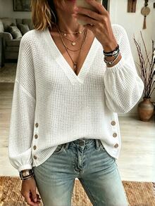 SHEIN Minimalist Commuter V-Neck Casual Loose Button Decor Long Sleeve College Daily Wear Women's Shirt - White - View 3