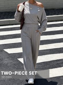 SHEIN PariChic Asymmetrical Shoulder Long Sleeve Sweatshirt And Pants Lazy Casual Set - Grey - View 6
